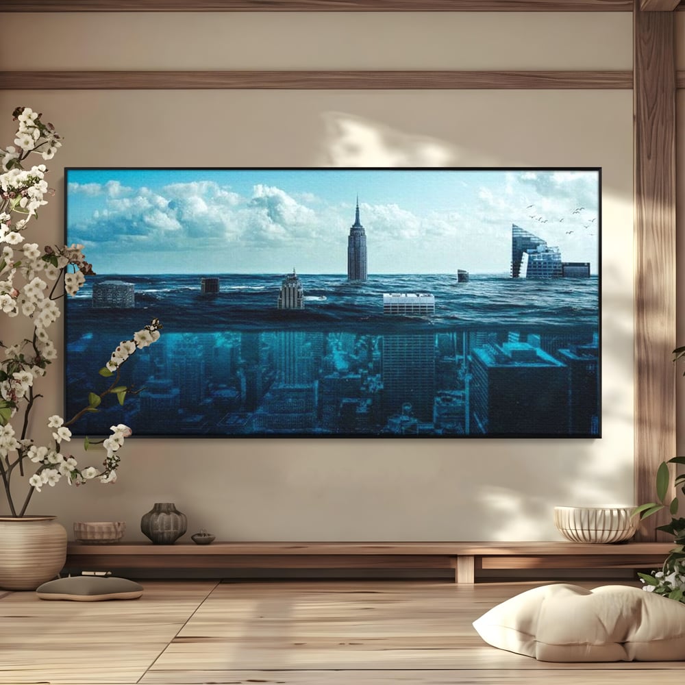 Tablou canvas cu ilustratie digitala cu oras scufundat in ocean, in rama de aluminiu negru